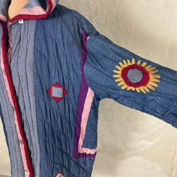 Vintage 80s 90s Denim Hooded Sun Embroidered Patchwork Denim Quilted Jacket L - Picture 2 of 12